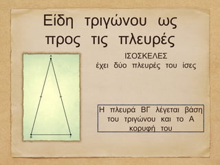 Είδη τριγώνου ως
προς τις πλευρές
              ΙΣΟΣΚΕΛΕΣ
      έχει δύο πλευρές του ίσες




      Η πλευρά ΒΓ λέγεται βάση
        του τριγώνου και το Α
             κορυφή του
 