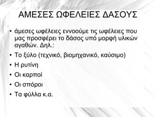 ΑΜΕΣΕΣ ΩΦΕΛΕΙΕΣ ΔΑΣΟΥΣ
● άμεσες ωφέλειες εννοούμε τις ωφέλειες που
μας προσφέρει το δάσος υπό μορφή υλικών
αγαθών. Δηλ.:
● Το ξύλο (τεχνικό, βιομηχανικό, καύσιμο)
● Η ρυτίνη
● Οι καρποί
● Οι σπόροι
● Τα φύλλα κ.α.
 