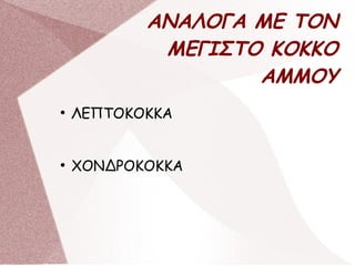 ΑΝΑΛΟΓΑ ΜΕ ΤΟΝ
ΜΕΓΙΣΤΟ ΚΟΚΚΟ
ΑΜΜΟΥ
●
ΛΕΠΤΟΚΟΚΚΑ
●
ΧΟΝΔΡΟΚΟΚΚΑ
 
