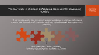 Υποπολιτισμός -> ιδιαίτερα πολιτισμικά στοιχεία κάθε κοινωνικής
ομάδας
Οι κοινωνικές ομάδες που συγκροτούν μια κοινωνία έχουν τα ιδιαίτερα πολιτισμικά
στοιχεία τους (υποπολιτισμός) τα οποία συνθέτουν την πολιτισμική ιδιαιτερότητα της
κοινωνίας.
νέοι/ηλικιωμένοι, άνδρες/γυναίκες,
ορθόδοξοι/μουσουλμάνοι, ημεδαποί/αλλοδαποί
Δημήτρης
Λάζαρης
 