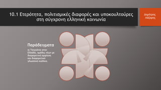 10.1 Ετερότητα, πολιτισμικές διαφορές και υποκουλτούρες
στη σύγχρονη ελληνική κοινωνία
Παράδειγματα
οι Τσιγγάνοι στην
Ελλάδα, ομάδες νέων με
διαφορετική αμφίεση
και διαφορετικό
γλωσσικό κώδικα.
Δημήτρης
Λάζαρης
 