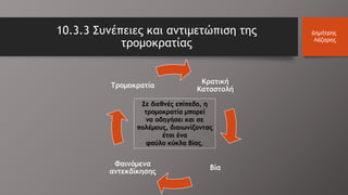 10.3.3 Συνέπειες και αντιμετώπιση της
τρομοκρατίας
Δημήτρης
Λάζαρης
Κρατική
Καταστολή
Βία
Φαινόμενα
αντεκδίκησης
Τρομοκρατία
Σε διεθνές επίπεδο, η
τρομοκρατία μπορεί
να οδηγήσει και σε
πολέμους, διαιωνίζοντας
έτσι ένα
φαύλο κύκλο βίας.
 