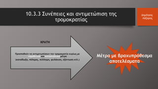 10.3.3 Συνέπειες και αντιμετώπιση της
τρομοκρατίας
Δημήτρης
Λάζαρης
Προσπαθούν να αντιμετωπίσουν την τρομοκρατία κυρίως με
νομοθετικά και κατασταλτικά μέτρα
(καταδίωξη, πόλεμος, σύλληψη, φυλάκιση, εξόντωση κτλ.)
Μέτρα με βραχυπρόθεσμα
αποτελέσματα
ΚΡΑΤΗ
 