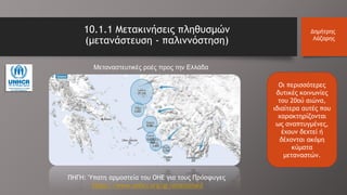 Οι περισσότερες
δυτικές κοινωνίες
του 20ού αιώνα,
ιδιαίτερα αυτές που
χαρακτηρίζονται
ως αναπτυγμένες,
έχουν δεχτεί ή
δέχονται ακόμη
κύματα
μεταναστών.
10.1.1 Μετακινήσεις πληθυσμών
(μετανάστευση - παλιννόστηση)
Δημήτρης
Λάζαρης
ΠΗΓΗ: Ύπατη αρμοστεία του ΟΗΕ για τους Πρόσφυγες
https://www.unhcr.org/gr/στατιστικά
Μεταναστευτικές ροές προς την Ελλάδα
 