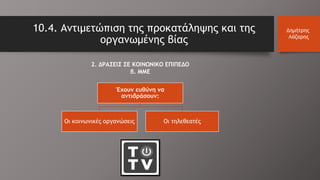 2. ΔΡΑΣΕΙΣ ΣΕ ΚΟΙΝΩΝΙΚΟ ΕΠΙΠΕΔΟ
β. MME
10.4. Αντιμετώπιση της προκατάληψης και της
οργανωμένης βίας
Δημήτρης
Λάζαρης
Έχουν ευθύνη να
αντιδράσουν:
Οι κοινωνικές οργανώσεις Οι τηλεθεατές
 