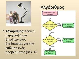 Αλγόριθμος 
• Αλγόριθμος: είναι η 
περιγραφή των 
βημάτων μιας 
διαδικασίας για την 
επίλυση ενός 
προβλήματος (σελ. 4). 
 
