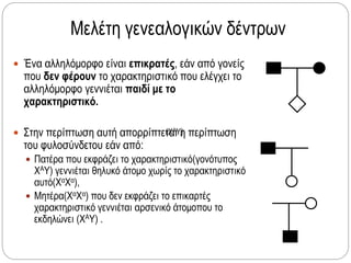 Μελέτη γενεαλογικών δέντρων
 Ένα αλληλόμορφο είναι επικρατές, εάν από γονείς
που δεν φέρουν το χαρακτηριστικό που ελέγχει το
αλληλόμορφο γεννιέται παιδί με το
χαρακτηριστικό.
 Στην περίπτωση αυτή απορρίπτεται η περίπτωση
του φυλοσύνδετου εάν από:
 Πατέρα που εκφράζει το χαρακτηριστικό(γονότυπος
ΧΑΥ) γεννιέται θηλυκό άτομο χωρίς το χαρακτηριστικό
αυτό(ΧαΧα),
 Μητέρα(ΧαΧα) που δεν εκφράζει το επικαρτές
χαρακτηριστικό γεννιέται αρσενικό άτομοπου το
εκδηλώνει (ΧΑΥ) .
(ΧΑΥ)
 
