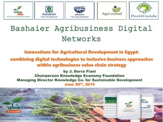 Innovations for Agricultural Development in Egypt:
combining digital technologies to inclusive business approaches
within agribusiness value chain strategy
by J. Dorra Fiani
Chairperson Knowledge Economy Foundation
Managing Director Knowledge Co. for Sustainable Development
June 20th, 2019
Bashaier Agribusiness Digital
Networks
 