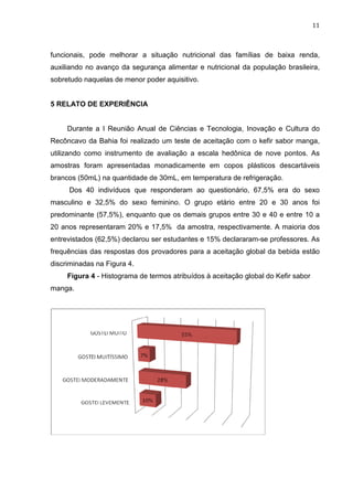 11
funcionais, pode melhorar a situação nutricional das famílias de baixa renda,
auxiliando no avanço da segurança alimentar e nutricional da população brasileira,
sobretudo naquelas de menor poder aquisitivo.
5 RELATO DE EXPERIÊNCIA
Durante a I Reunião Anual de Ciências e Tecnologia, Inovação e Cultura do
Recôncavo da Bahia foi realizado um teste de aceitação com o kefir sabor manga,
utilizando como instrumento de avaliação a escala hedônica de nove pontos. As
amostras foram apresentadas monadicamente em copos plásticos descartáveis
brancos (50mL) na quantidade de 30mL, em temperatura de refrigeração.
Dos 40 indivíduos que responderam ao questionário, 67,5% era do sexo
masculino e 32,5% do sexo feminino. O grupo etário entre 20 e 30 anos foi
predominante (57,5%), enquanto que os demais grupos entre 30 e 40 e entre 10 a
20 anos representaram 20% e 17,5% da amostra, respectivamente. A maioria dos
entrevistados (62,5%) declarou ser estudantes e 15% declararam-se professores. As
frequências das respostas dos provadores para a aceitação global da bebida estão
discriminadas na Figura 4.
Figura 4 - Histograma de termos atribuídos à aceitação global do Kefir sabor
manga.
 