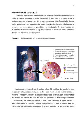 9
4 PROPRIEDADES FUNCIONAIS
Os efeitos profiláticos e terapêuticos das bactérias láticas foram estudados no
início do século passado, quando Metchnikoff (1908) lançou a teoria sobre o
prolongamento da vida por meio do consumo regular de leites fermentados. Desde
então, pesquisas vêm corroborando essas observações iniciais, relacionando o
consumo de microorganismos probióticos na modulação de enfermidades em
diversos modelos experimentais. A Figura 3 descreve os prováveis efeitos funcionais
do kefir nos indivíduos que os ingerem.
Figura 3 - Prováveis efeitos funcionais da ingestão do kefir.
Atualmente, a intolerância à lactose afeta 58 milhões de brasileiros que
apresentam dificuldades em digerir a lactose pela deficiência da enzima lactase no
intestino. Terra (2007) estudou as características físico-químicas, com ênfase no teor
de lactose, de filtrado de kefir de leite por períodos de fermentação variados.
Constatou-se que o filtrado apresentou queda do teor de lactose ao longo do tempo,
após 36 horas de fermentação, atingiu valores abaixo do valor limite que pode ser
consumido por indivíduos intolerantes à lactose. Resultados semelhantes foram
 