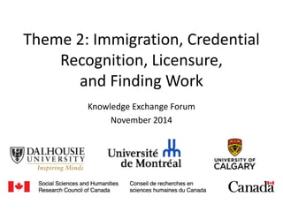 Theme 2: Immigration, Credential
Recognition, Licensure,
and Finding Work
Knowledge Exchange Forum
November 2014
 