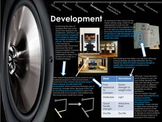Development                                        As aluminium is the choice for the
                                                   metal I will be using, I think it is an
                                                   appropriate to look into the
  Continuing the idea of
                                                   manufacture of this material further
  simplicity that has come                         so I can gain an understanding of
  about from research into
                                                   how long manufacture will take and
  modernism, I feel that I can
                                                   if I will have to alter the design of my
  further limit the complexity                     product to make it possible to shape
  of my design by reducing                         or join this metal.
  the number of materials I
  will use. The problem I have
  is that during my
  questionnaire I found that
  wood was the most
  popular material, however
  metal would be more
  preferable to keep in my
  product as it is key to a
  modernist design.                                           From looking at the table I can see that although
                                                              some properties are similar between the two
                                                              metals the attractive finish and good strength to
                                                              weight ratio of aluminium would be more
                                                              desirable for my product.



                                                                                         Although I have decided
After researching existing audio products and
modernist products in their environments, I
                                                  Steel             Aluminium            what material to use I will
                                                                                         now further develop this
found that many of them did include metal in                                             idea with deciding on what
there makeup, but still suited their              Poor              Good                 metal to use, as different
environment, which commonly featured uses of                                             metals will have different
wood e.g. wooden floors. Because of this I will
                                                  resistance        strength to
                                                                                         properties as well as
be removing wood as a material to use in the      to                weight ratio         aesthetics.
manufacture of my product and instead have        corrosion                              The two metals I thought
the whole stand made from metal.                                                         would be best suited for my
                                                  Malleable         Light                product would be
                                                                                         aluminium and steel
                                                                                         because of there
                                                  Good              Attractive           availability. I have created
                                                  tensile           finish               a table which features the
                                                  strength                               properties of each of the
                                                                                         metals so that I will be able
                                                  Ductile           Ductile              to decide on which material
                                                                                         would be best suited to its
                                                                                         purpose in this instance.
 