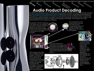 Audio Product Decoding
As I will either be designing a pair of headphones or loud speakers I thought it would be a good idea to looking
into the construction and components that go into making each one. First I have looked at loud speakers. So
that I gained first hand experience of the layout of a loud speaker I found a small bass amp in my room that I
took the back. Inside the speaker I was able to see all of the components and wiring. As I was unable to take
the actual speaker apart I found an image on www.google.co.uk/images that has given me a clear
understanding of how a speaker is put together.
                                                                             This component can be
The speaker is the first component                                           known as the cross over
in the make up of an amplifier. For                                          box. Here sound is
my product I will uses an existing                                           converted into electrical
speaker as this will save time                                               energy, making it very
during manufacture and allow me                                              important in the make up
to ensure the overall appearance                                             of a speaker.
of the product is to a high
standard.




                                                                                               The working system
                                                                                               contains a circuit
                                      Cross over box The final                                 board where the
                                      component is the plug socket,                            wires for the
                                      which allows the speaker to be                           speaker are
                                      powered. As I found this cable                           soldered on. This
                                      quite substantial I will think about                     component allows
                                      using a more subtle one for my                           the power to be
After looking at the make             product.                                                 distributed
up of a speaker from the                                                                       appropriately. As I
image on the right I think                                                                     am unfamiliar with
that if I was to use an                                                                        this kind of
innovative idea that                                                                           electrical work I will
involved the actual sound                                                                      need to do some
I would have to use a KEF                                                                      research into it
speaker that already                                                                           and possibly get
incorporates the                                                                               some professional
technology, as the layout                                                                      help.
of speaker components
seems to complex to
learn and manufacture.
 