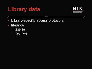 Library data Library-specific access protocols. library:// Z39.50 OAI-PMH 