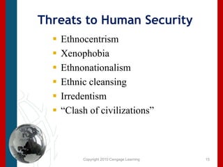 Copyright 2010 Cengage LearningThreats to Human SecurityEthnocentrismXenophobiaEthnonationalismEthnic cleansingIrredentism“Clash of civilizations”15
