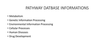 PATHWAY DATBASE INFORMATIONS
• Metabolism
• Genetic Information Processing
• Environmental Information Processing
• Cellular Processes
• Human Diseases
• Drug Development
 