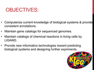 DATABASE OF KEGG
KEGG maintain 6 main databases:

 KEGG Pathway(Atlas)
 KEGG Genes
 KEGG Genome
 KEGG Ligand
 KEGG BRITE
 KEGG Cancer

 