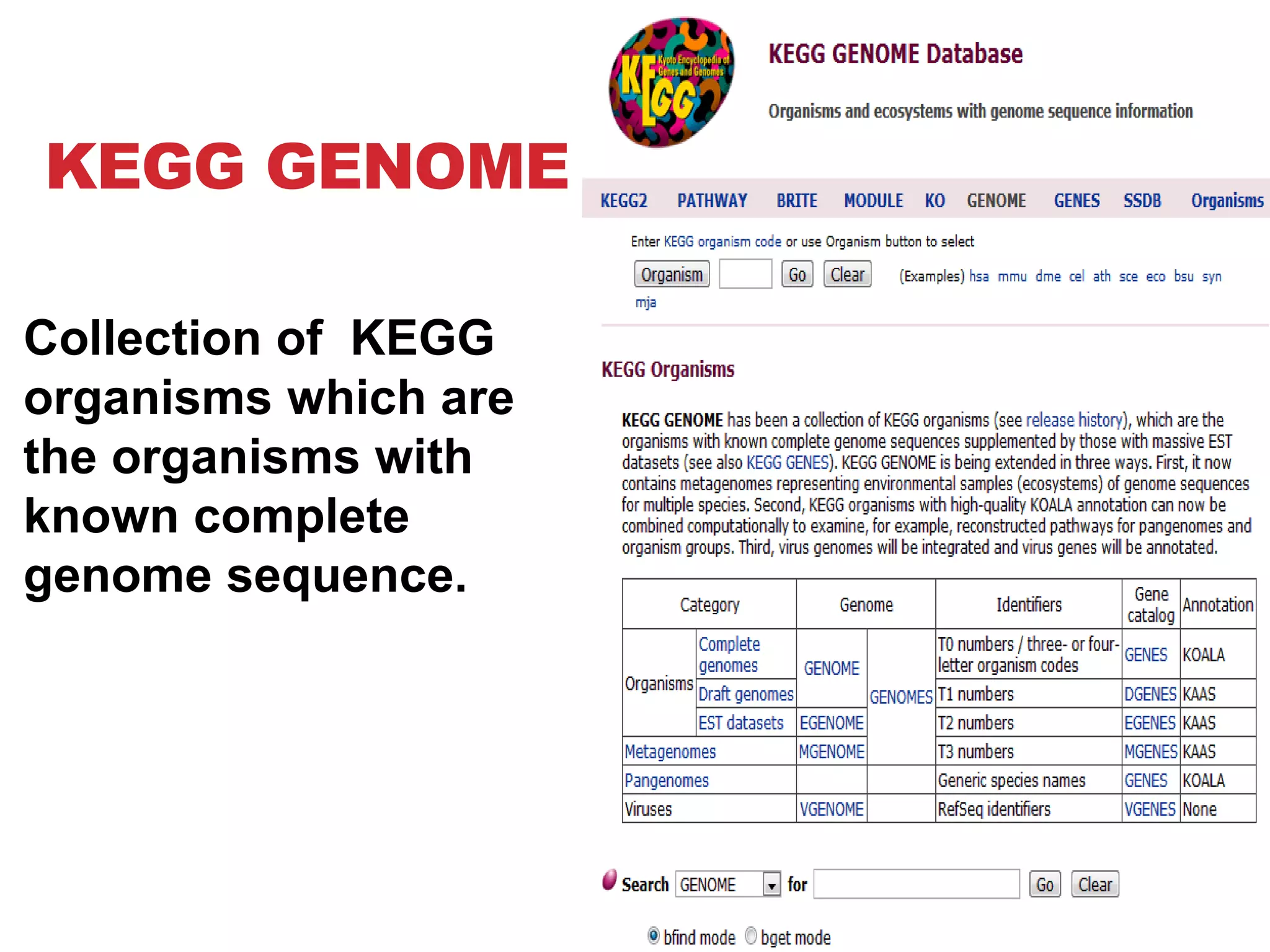 KEGG GENOME
Collection of KEGG
organisms which are
the organisms with
known complete
genome sequence.
 