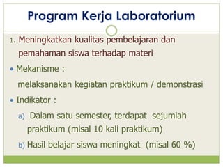 Program Kerja Laboratorium
1.

Meningkatkan kualitas pembelajaran dan
pemahaman siswa terhadap materi

 Mekanisme :

melaksanakan kegiatan praktikum / demonstrasi
 Indikator :
a)

Dalam satu semester, terdapat sejumlah
praktikum (misal 10 kali praktikum)

b)

Hasil belajar siswa meningkat (misal 60 %)

 