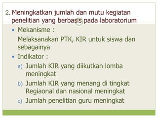 2. Meningkatkan jumlah dan mutu kegiatan

penelitian yang berbasis pada laboratorium
 Mekanisme :
Melaksanakan PTK, KIR untuk siswa dan
sebagainya
 Indikator :
a) Jumlah KIR yang diikutkan lomba
meningkat
b) Jumlah KIR yang menang di tingkat
Regiaonal dan nasional meningkat
c) Jumlah penelitian guru meningkat

 