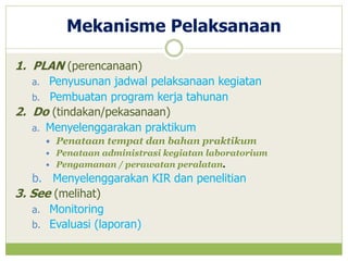 Mekanisme Pelaksanaan
1. PLAN (perencanaan)
Penyusunan jadwal pelaksanaan kegiatan
b. Pembuatan program kerja tahunan
2. Do (tindakan/pekasanaan)
a. Menyelenggarakan praktikum
a.



Penataan tempat dan bahan praktikum

Penataan administrasi kegiatan laboratorium
 Pengamanan / perawatan peralatan.


b. Menyelenggarakan KIR dan penelitian
3. See (melihat)
a. Monitoring
b. Evaluasi (laporan)

 