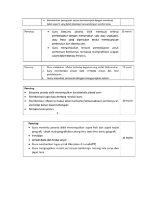 • Memberikan penugasan secara berkelompok dengan membuat
tabel seperti yang telah dipelajari sesuai dengan kondisi kelas
Penutup • Guru bersama peserta didik membuat refleksi
pembelajaran dengan menanyakan kata atau ungkapan,
atau frase yang diperlukan ketika membicarakan
perkenalan dan identitas diri.
• Guru menyampaikan rencana pembelajaran untuk
pertemuan berikutnya, termasuk mempraktikan ucapan
salam dalam Bahasa Perancis.
10 menit
Penutup 1. Guru melakukan refleksi terhadap kegiatan yang sudah dilaksanakan
2. Guru memberikan umpan balik terhadap proses dan hasil
pembelajaran.
3. Guru menutup pelajaran dengan mengucapkan salam.
10 menit
Penutup
• Bersama peserta didik menyimpulkan karakteristik planet bumi
• Memberikan tugas baca tentang revolosi bumi
• Memberikan refleksi terhadap kebermanfaatan/kebermaknaan pembelajaran
elastisitas bahan dalam kehidupan
• Melaksanakan postes
1.
20 menit
Penutup
• Guru meminta peserta didik menyimpulkan aspek fisik dan aspek sosial
geografi, obyek studi geografi dan cabang ilmu serta ilmu bantu geografi
• Penilaian
• Umpan balik dan tindak lanjut
• Guru memberikan tugas untuk dikerjakan di rumah (PR)
• Guru mengingatkan materi pertemuan berikutnya tentang tata surya dan
jagad raya
25 menit
 