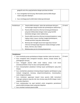 geografi serta ilmu yang berkaitan dengan peristiwa tersebut.
• Guru mengaitkan hal-hal yang dikemukakan peserta didik dengan
materi yang akan dipelajari.
• Guru membagi peserta didik dalam beberapa kelompok
Pendahuluan 1. Peserta didik merespon salam dan pertanyaan dari guru
berhubungan dengan kondisi dan pembelajaran sebelumnya
2. Peserta didik menerima informasi tentang pembelajaran
yang akan dilaksanakan dengan materi yang memiliki
keterkaitan dengan materi sebelumnya.
3. Peserta didik menerima informasi tentang kompetensi, ruang
lingkup materi, tujuan, manfaat, langkah pembelajaran,
metode penilaian yang akan dilaksanakan
4. Bertanya dan menagih secara lisan tugas baca mencari
informasi tentang fungsi eksponen melalui berbagai sumber
(buku, internet, atau modul)
5. Melaksanakan pre tes tentang eksponensial
15 menit
Pendahuluan:
 Guru membuka proses pembelajaran dengan memberi salam dan berdo’a,
 Guru mengelola kelas (mengecek kesiapan, absensi, tempat duduk, dan
perlengkapan lainnya),
 Guru mengajak peserta didik untuk tadarus antara 5-10 menit
(membaca/hafalan al-Qur’an atau surah pendek pilihan),
 Guru menyampaikan penjelasan tentang tujuan pembelajaran yang akan
dicapai,
 Guru memberikan penjelasan tentang tahapan kegiatan pembelajaran yang
meliputi mengamati, menanya, eksperimen/eksplorasi, menyimpulkan,
serta mengomunikasikan.
 Guru melakukan appersepsi (sejauh mana peserta didik memahami
hubungan pelajaran yang lalu dan atau konsep yang dimiliki dengan materi
yang akan diajarkan),
 Guru melaksanakan tes awal (pretest) untuk mengetahui pemahaman
peserta didik terhadap materi yang akan diajarkan.
 Guru memberi motivasi peserta didik
15 menit
 
