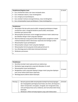 Pendahuluan/Kegiatan Awal
• Guru memberikan Salam, dan siswa menjawab salam.
• Guru melakukan absensi, siswa mendengarkan.
• Guru mengisi jurnal pembelajaran.
• Guru memberi motivasi semangat berkarya, siswa mendengarkan.
• Guru menyampaikan tujuan pembelajaran. Siswa mendengarkan.
15 menit
Pendahuluan
• Menyiapkan fisik dan psikis peserta didik: mengawali pembelajaran dengan
memberikan salam, mengecek kehadiran peserta didik, menanyakan
kesehatan para peserta didik
• Menyampaikan pertanyaan untuk menggali pemahaman materi sebelumnya
dan dikaitkan dengan materi yang akan dipelajari
• Meminta beberapa orang peserta didik mengemukakan pengalaman setelah
melihat/melakukan latihan teknik dasar sepak bola dari berbagai sumber.
• Menyampaikan tujuan pembelajaran
• Menyampaikan cakupan materi yang akan dipelajari
• Menyampaikan hal-hal yang akan dinilai pada pertemuan ini
• Guru Membagi peserta didik dalam kelompok-kelompok
• Melakukan pemanasan.
•
15 menit
Pendahuluan
• Merefleksi kembali materi pada pertemuan sebelumnya
• Membahas tugas pengamatan yang telah dikerjakan di rumah
• Menyampaikan tujuan pembelajaran
• Mengkaitkan materi yang telah dipelajari dengan materi yang akan dipelajari
yaitu variasi latihan teknik dasar sepak bola.
• Membagi peserta didik ke dalam kelompok.
15 menit
Penutup • Bersama peserta didik menyimpulkan kembali hasil kerja lapangan
dan mengingatkan pentingnya kecermatan, keu-letan, dan kejujuran
dalam memperoleh, menyajikan, mengolah, dan menganalisis data,
serta pentingnya kerja-sama, kolaborasi, dan komunikasi dalam kerja
kelompok.
• Melakukan refleksi terhadap kegiatan yang sudah dilaksanakan
20 menit
 