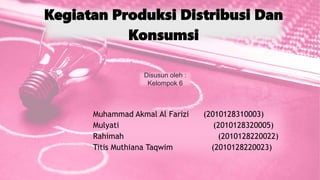 Disusun oleh :
Kelompok 6
Kegiatan Produksi Distribusi Dan
Konsumsi
Muhammad Akmal Al Farizi (2010128310003)
Mulyati (2010128320005)
Rahimah (2010128220022)
Titis Muthiana Taqwim (2010128220023)
 