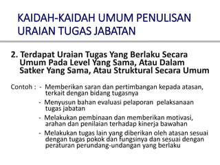 KAIDAH-KAIDAH UMUM PENULISAN
URAIAN TUGAS JABATAN
2. Terdapat Uraian Tugas Yang Berlaku Secara
Umum Pada Level Yang Sama, Atau Dalam
Satker Yang Sama, Atau Struktural Secara Umum
Contoh : - Memberikan saran dan pertimbangan kepada atasan,
terkait dengan bidang tugasnya
- Menyusun bahan evaluasi pelaporan pelaksanaan
tugas jabatan
- Melakukan pembinaan dan memberikan motivasi,
arahan dan penilaian terhadap kinerja bawahan
- Melakukan tugas lain yang diberikan oleh atasan sesuai
dengan tugas pokok dan fungsinya dan sesuai dengan
peraturan perundang-undangan yang berlaku
 