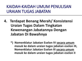 KAIDAH-KAIDAH UMUM PENULISAN
URAIAN TUGAS JABATAN
4. Terdapat Benang Merah/ Konsistensi
Uraian Tugas Dalam Tingkatan
Kewenangan Jabatannya Dengan
Jabatan Di Bawahnya
*) Nomenklatur Jabatan Eselon IV secara umum
masuk ke dalam uraian tugas jabatan eselon III,
Nomenklatur Jabatan Eselon III secara umum
masuk ke dalam uraian tugas jabatan eselon II
 