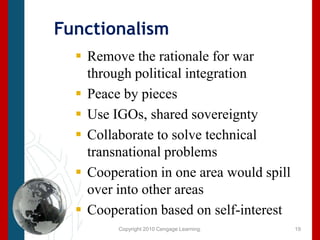 Copyright 2010 Cengage Learning.FunctionalismRemove the rationale for war through political integration Peace by piecesUse IGOs, shared sovereigntyCollaborate to solve technical transnational problems Cooperation in one area would spill over into other areasCooperation based on self-interest19
