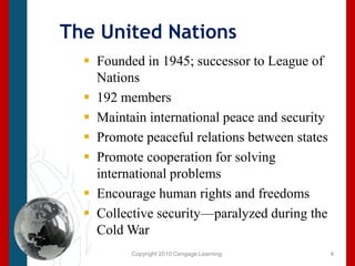 Copyright 2010 Cengage Learning.The United NationsFounded in 1945; successor to League of Nations192 membersMaintain international peace and securityPromote peaceful relations between statesPromote cooperation for solving international problemsEncourage human rights and freedomsCollective security—paralyzed during the Cold War4