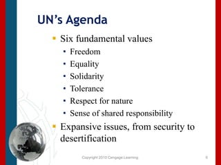 Copyright 2010 Cengage Learning.UN’s AgendaSix fundamental values FreedomEqualitySolidarityToleranceRespect for natureSense of shared responsibility Expansive issues, from security to desertification6