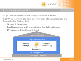 KEGON – Wir machen IT ! IT gilt als ein wesentlicher Erfolgsfaktor im Business. KEGON unterstützt Sie bei dieser Aufgabe als zuverlässiger und kompetenter Partner bei: Strategie & Management  Projektmanagement und Implementierung Ihrer Softwarelösungen  IT-Prozessen in Entwicklung und Betrieb KEGON AG 2011 Seite  IT-Prozesse/IT-Betrieb Projektmanagement IT-Management IT als  Business-Enabler Software- entwicklung Wartung  & Pflege Integration 