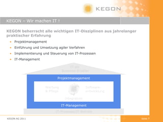 KEGON – Wir machen IT ! KEGON beherrscht alle wichtigen IT-Disziplinen aus jahrelanger praktischer Erfahrung Projektmanagement Einführung und Umsetzung agiler Verfahren  Implementierung und Steuerung von IT-Prozessen IT-Management KEGON AG 2011 Seite  IT-Prozesse/IT-Betrieb Projektmanagement IT-Management IT als  Business-Enabler Software- entwicklung Wartung  & Pflege Integration 