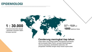 EPIDEMIOLOGI
1 : 30.000
Frekuensi kehamilan ektopik
: kehamilan intrauterin dalam
konsepsi spontan
2,7 – 12,9 per
1000kelahiran hidup
Cenderung meningkat tiap tahun
Faktor-faktor yang terlibat adalah meningkatnya pemakaian
alat kontrasepsi dalam Rahim, penyakit radang panggul,
usia ibu yang lanjut, pembedahan pada tuba, dan
pengobatan infertilitas dengan terapi induksi superovulasi.
 