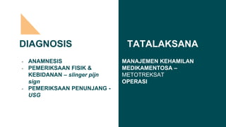 DIAGNOSIS
• ANAMNESIS
• PEMERIKSAAN FISIK &
KEBIDANAN – slinger pijn
sign
• PEMERIKSAAN PENUNJANG -
USG
TATALAKSANA
MANAJEMEN KEHAMILAN
MEDIKAMENTOSA –
METOTREKSAT
OPERASI
 