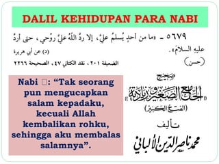 DALIL KEHIDUPAN PARA NABI 
Nabi : “Tak seorang 
pun mengucapkan 
salam kepadaku, 
kecuali Allah 
kembalikan rohku, 
sehingga aku membalas 
salamnya”. 
 