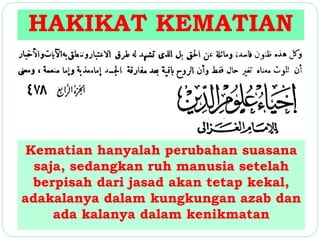 HAKIKAT KEMATIAN 
Kematian hanyalah perubahan suasana 
saja, sedangkan ruh manusia setelah 
berpisah dari jasad akan tetap kekal, 
adakalanya dalam kungkungan azab dan 
ada kalanya dalam kenikmatan 
 