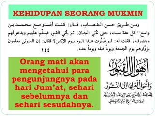 KEHIDUPAN SEORANG MUKMIN 
Orang mati akan 
mengetahui para 
pengunjungnya pada 
hari Jum’at, sehari 
sebelumnya dan 
sehari sesudahnya. 
 