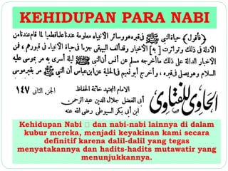 KEHIDUPAN PARA NABI 
Kehidupan Nabi dan nabi-nabi lainnya di dalam 
kubur mereka, menjadi keyakinan kami secara 
definitif karena dalil-dalil yang tegas 
menyatakannya dan hadits-hadits mutawatir yang 
menunjukkannya. 
 