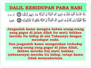 DALIL KEHIDUPAN PARA NABI 
Janganlah kamu mengira bahwa orang-orang 
yang gugur di jalan Allah itu mati; bahkan 
mereka itu hidup di sisi Tuhannya dengan 
mendapat rezki. 
Dan janganlah kamu mengatakan terhadap 
orang-orang yang gugur di jalan Allah, 
(bahwa mereka itu) mati; bahkan 
(sebenarnya) mereka itu hidup, tetapi kamu 
tidak menyadarinya. 
 