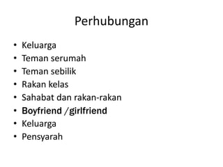 Perhubungan
• Keluarga
• Teman serumah
• Teman sebilik
• Rakan kelas
• Sahabat dan rakan-rakan
• Boyfriend /girlfriend
• Keluarga
• Pensyarah
 