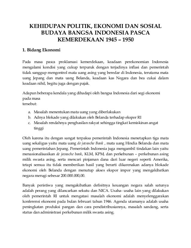 Kehidupan Politik Ekonomi Dan Sosial Budaya Bangsa Indonesia Pasca K