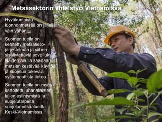 31.8.2016
Esityksen nimi / Tekijä 9
Metsäsektorin yhteistyö Vietnamissa
Hyväkuntoista
luonnonmetsää on jäljellä
vain vähän.
Suomen tuella on
kehitetty metsätieto-
järjestelmää ja siihen
sisällytettäviä sovelluksia.
Näiden avulla saadaan
metsien kestävää käyttöä
ja suojelua tukevaa
systemaattista tietoa.
Suomen tuella on myös
kartoitettu uhanalaisten
lajien esiintymistä ja
suojelutarpeita
suojelumetsäalueilla
Keski-Vietnamissa.
 