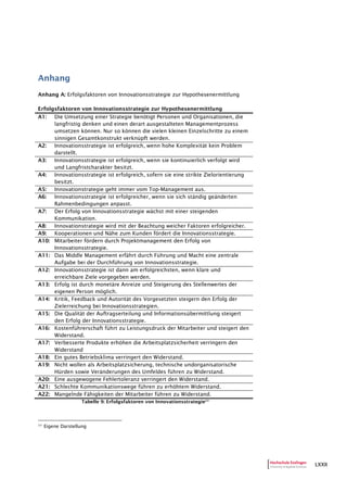 LXXII
Anhang
Anhang A: Erfolgsfaktoren von Innovationsstrategie zur Hypothesenermittlung
Erfolgsfaktoren von Innovationsstrategie zur Hypothesenermittlung
A1: Die Umsetzung einer Strategie benötigt Personen und Organisationen, die
langfristig denken und einen derart ausgestalteten Managementprozess
umsetzen können. Nur so können die vielen kleinen Einzelschritte zu einem
sinnigen Gesamtkonstrukt verknüpft werden.
A2: Innovationsstrategie ist erfolgreich, wenn hohe Komplexität kein Problem
darstellt.
A3: Innovationsstrategie ist erfolgreich, wenn sie kontinuierlich verfolgt wird
und Langfristcharakter besitzt.
A4: Innovationsstrategie ist erfolgreich, sofern sie eine strikte Zielorientierung
besitzt.
A5: Innovationstrategie geht immer vom Top-Management aus.
A6: Innovationsstrategie ist erfolgreicher, wenn sie sich ständig geänderten
Rahmenbedingungen anpasst.
A7: Der Erfolg von Innovationsstrategie wächst mit einer steigenden
Kommunikation.
A8: Innovationstrategie wird mit der Beachtung weicher Faktoren erfolgreicher.
A9: Kooperationen und Nähe zum Kunden fördert die Innovationsstrategie.
A10: Mitarbeiter fördern durch Projektmanagement den Erfolg von
Innovationsstrategie.
A11: Das Middle Management erfährt durch Führung und Macht eine zentrale
Aufgabe bei der Durchführung von Innovationsstrategie.
A12: Innovationsstrategie ist dann am erfolgreichsten, wenn klare und
erreichbare Ziele vorgegeben werden.
A13: Erfolg ist durch monetäre Anreize und Steigerung des Stellenwertes der
eigenen Person möglich.
A14: Kritik, Feedback und Autorität des Vorgesetzten steigern den Erfolg der
Zielerreichung bei Innovationsstrategien.
A15: Die Qualität der Auftragserteilung und Informationsübermittlung steigert
den Erfolg der Innovationsstrategie.
A16: Kostenführerschaft führt zu Leistungsdruck der Mitarbeiter und steigert den
Widerstand.
A17: Verbesserte Produkte erhöhen die Arbeitsplatzsicherheit verringern den
Widerstand
A18: Ein gutes Betriebsklima verringert den Widerstand.
A19: Nicht wollen als Arbeitsplatzsicherung, technische undorganisatorische
Hürden sowie Veränderungen des Umfeldes führen zu Widerstand.
A20: Eine ausgewogene Fehlertoleranz verringert den Widerstand.
A21: Schlechte Kommunikationswege führen zu erhöhtem Widerstand.
A22: Mangelnde Fähigkeiten der Mitarbeiter führen zu Widerstand.
Tabelle 9: Erfolgsfaktoren von Innovationsstrategie231
231
Eigene Darstellung
 
