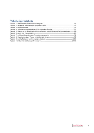 V
Tabellenverzeichnis
Tabelle 1: Definitionen des Innovationsbegriffs ...........................................................................11
Tabelle 2: Merkmale Innovationsstrategie nach Vahs...................................................................13
Tabelle 3: Erfolgsfaktoren ..............................................................................................................15
Tabelle 4: Informationsprobleme der Principal-Agent-Theory .....................................................21
Tabelle 5: Übersicht zu: Empirische Untersuchungen zum Widerstand bei Innovationen..........22
Tabelle 6: Arten von Promotoren...................................................................................................27
Tabelle 7: Erfolgswirksamkeit von Promotorenstrukturen ...........................................................32
Tabelle 8: Hypothesen zum Thema Innovationsstrategie.............................................................38
Tabelle 9: Erfolgsfaktoren von Innovationsstrategie ................................................................LXXII
Tabelle 10: Charakteristiken von Promotoren..........................................................................LXXIII
 