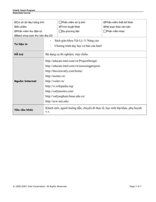 Intel® Teach Program
Essentials Course

Cơ sở dữ liệu/ bảng tính

Phần mềm xử lý ảnh

Ấn phẩm

Trình duyệt Web

Phần mềm thư điện tử

Đa phương tiện

Phần mềm thiết kế Web
Hệ soạn thảo văn bản
Phần mềm khác

Bách khoa toàn thư trên đĩa CD

Tư liệu in

Hỗ trợ

Sách giáo khoa Vật Lý 11 Nâng cao

-

Chương trình dạy học cơ bản của Intel

Bộ dụng cụ thí nghiệm, máy chiếu.
http://educate.intel.com/vn/ProjectDesign/
http://educate.intel.com/vn/assessingprojects
http://thuvienvatly.com/home/
http://tuoitre.vn/

Nguồn Internet

http://violet.vn/
http://vi.wikipedia.org/
http://vatlytuoitre.com/
http://vatlysupham.hnue.edu.vn/
http://ocw.mit.edu/

Yêu cầu khác

Khách mời, người hướng dẫn, chuyến đi thực tế, học sinh lớp khác, phụ huynh
v.v.

© 2000-2007 Intel Corporation. All Rights Reserved.

Page 7 of 7

 