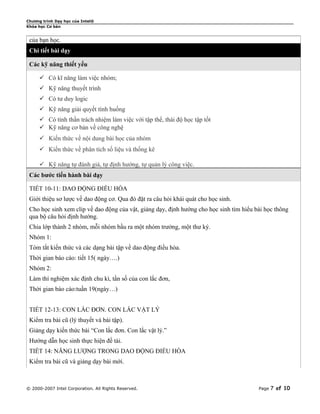 Chương trình Dạy học của Intel®
Khóa học Cơ bản


 của bạn học.
 Chi tiết bài dạy

 Các kỹ năng thiết yếu

      Có kĩ năng làm việc nhóm;
      Kỹ năng thuyết trình
      Có tư duy logic
      Kỹ năng giải quyết tình huống
      Có tình thần trách nhiệm làm việc với tập thể, thái độ học tập tốt
      Kỹ năng cơ bản về công nghệ
      Kiến thức về nội dung bài học của nhóm
      Kiến thức về phân tích số liệu và thống kê

      Kỹ năng tự đánh giá, tự định hướng, tự quản lý công việc.
 Các bước tiến hành bài dạy

 TIẾT 10-11: DAO ĐỘNG ĐIỀU HÒA
 Giới thiệu sơ lược về dao động cơ. Qua đó đặt ra câu hỏi khái quát cho học sinh.
 Cho học sinh xem clip về dao động của vật, giảng dạy, định hướng cho học sinh tìm hiểu bài học thông
 qua bộ câu hỏi định hướng.
 Chia lớp thành 2 nhóm, mỗi nhóm bầu ra một nhóm trưởng, một thư ký.
 Nhóm 1:
 Tóm tắt kiến thức và các dạng bài tập về dao động điều hòa.
 Thời gian báo cáo: tiết 15( ngày….)
 Nhóm 2:
 Làm thí nghiệm xác định chu kì, tần số của con lắc đơn,
 Thời gian báo cáo:tuần 19(ngày…)


 TIẾT 12-13: CON LẮC ĐƠN. CON LẮC VẬT LÝ
 Kiểm tra bài cũ (lý thuyết và bài tập).
 Giảng dạy kiến thức bài “Con lắc đơn. Con lắc vật lý.”
 Hướng dẫn học sinh thực hiện đề tài.
 TIẾT 14: NĂNG LƯỢNG TRONG DAO ĐỘNG ĐIỂU HÒA
 Kiểm tra bài cũ và giảng dạy bài mới.



© 2000-2007 Intel Corporation. All Rights Reserved.                                      Page   7 of 10
 